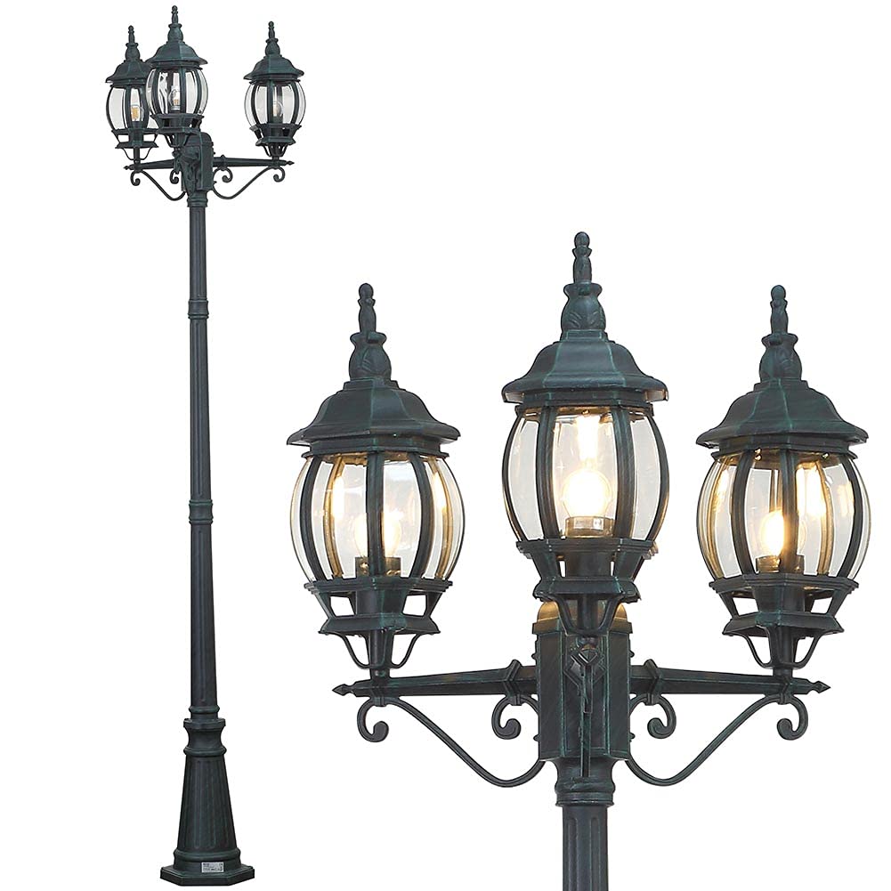 BAKAJI Lampione Vittoriano Classico da Giardino in Alluminio Lampada Lanterna Colore Grigio Finitura Anticata Verde Bronzo IP44 E27 (3 Luci 200 cm)