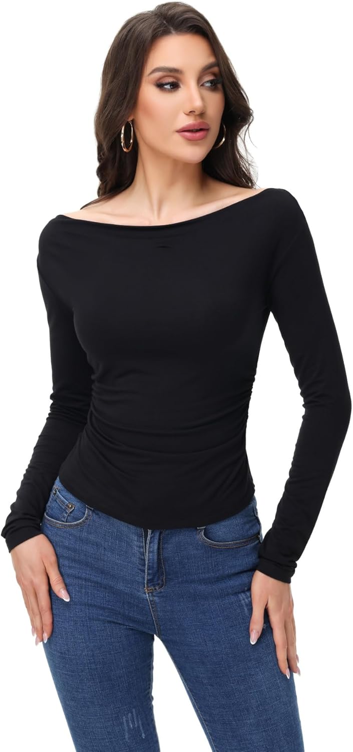 Women's Casual Long Sleeve Ruched Waist Boat Neck Off Shoulder Going Out Tops Plus Size Tight Shirts - Image 3