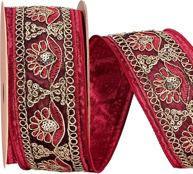 LaRibbons Red and Gold Embroidery Flower Velvet Ribbon Wired
