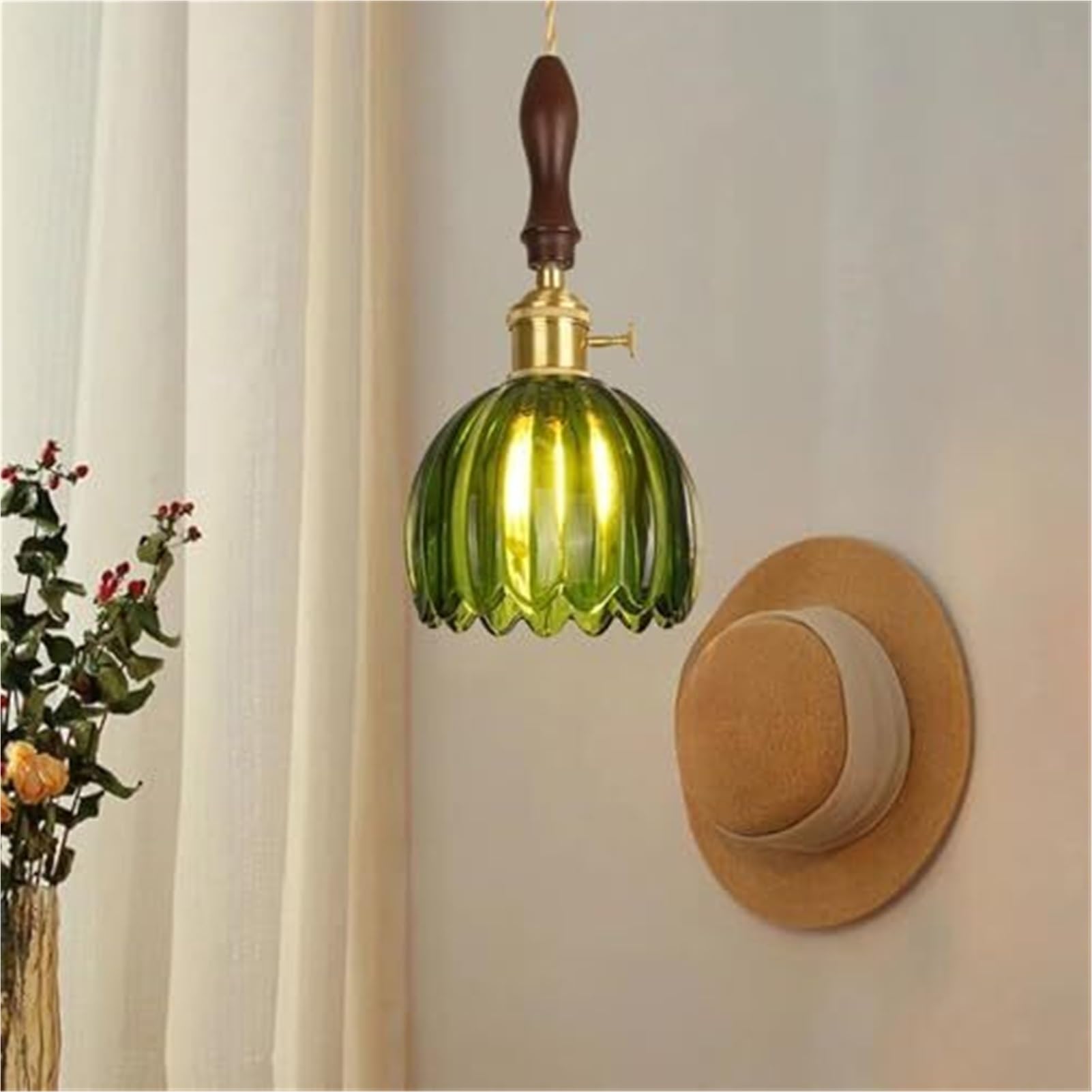 KBUUKYYXouy Green Glass Flower Pendant Lamp Chandelier Hanging Lighting Ceiling Fixture E27 Adjustable Classic for Bedroom Kitchen Island Study Home(B)