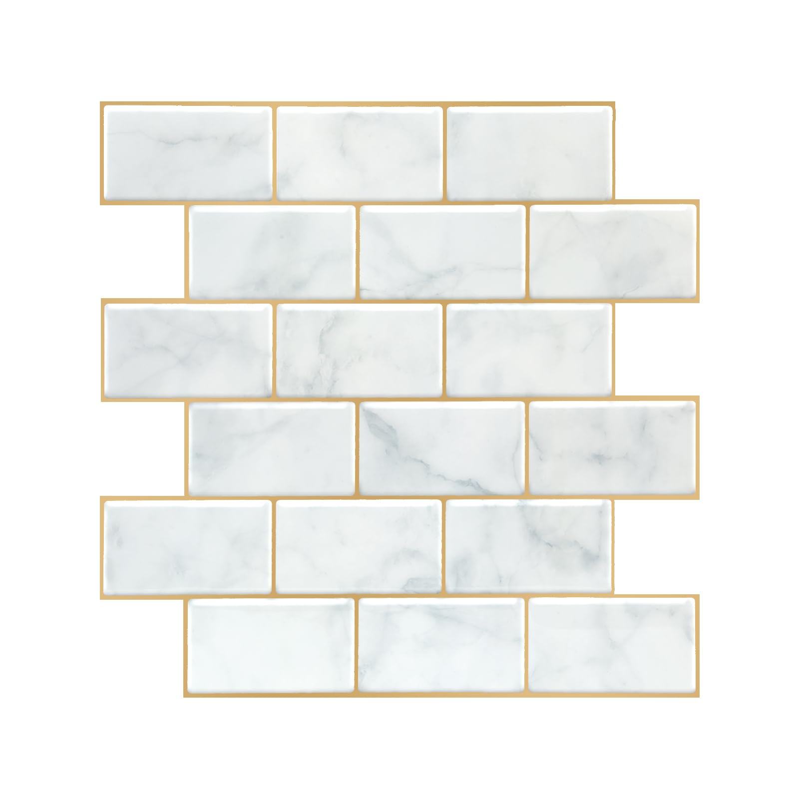 10-Sheet Thickened Peel and Stick Backsplash, Self Adhesive Subway Tiles for Kitchen and Bathroom, White Marble with Gold Grout Design