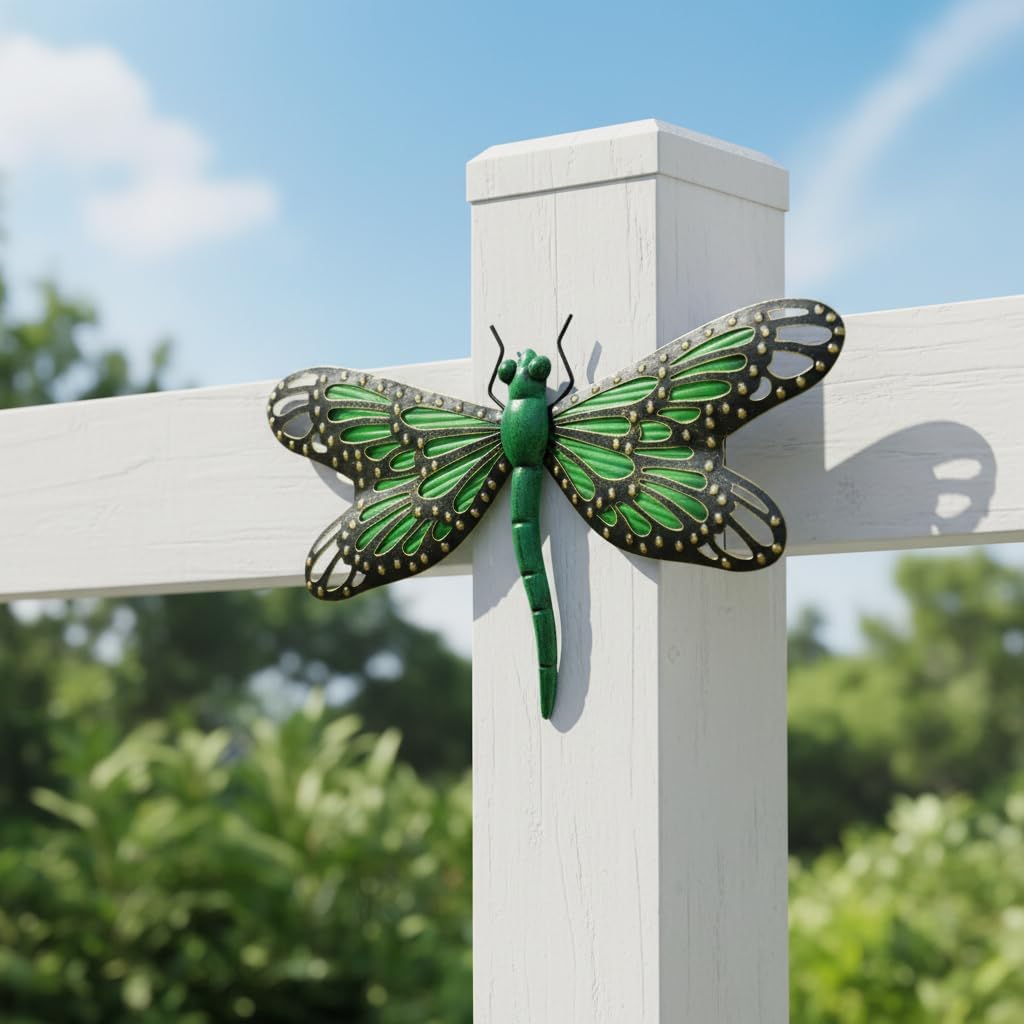 Comfy Hour 12" Decorative Metal Dragonfly Wall Decor, Green 3D Nature Inspired Sculpture for Garden & Patio, Artisan Crafted Iron Outdoor Hanging Accent, 1 Unit