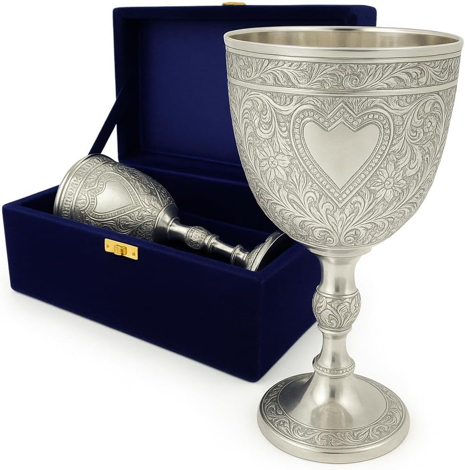 Royal Handmade Premium Engraved Solid Brass Vintage Wine Goblets, Decorative Plated Ornate With Blue Velvet Box, Medieval Gifts Chalice Glassware For Wedding Anniversary, (Gold)
