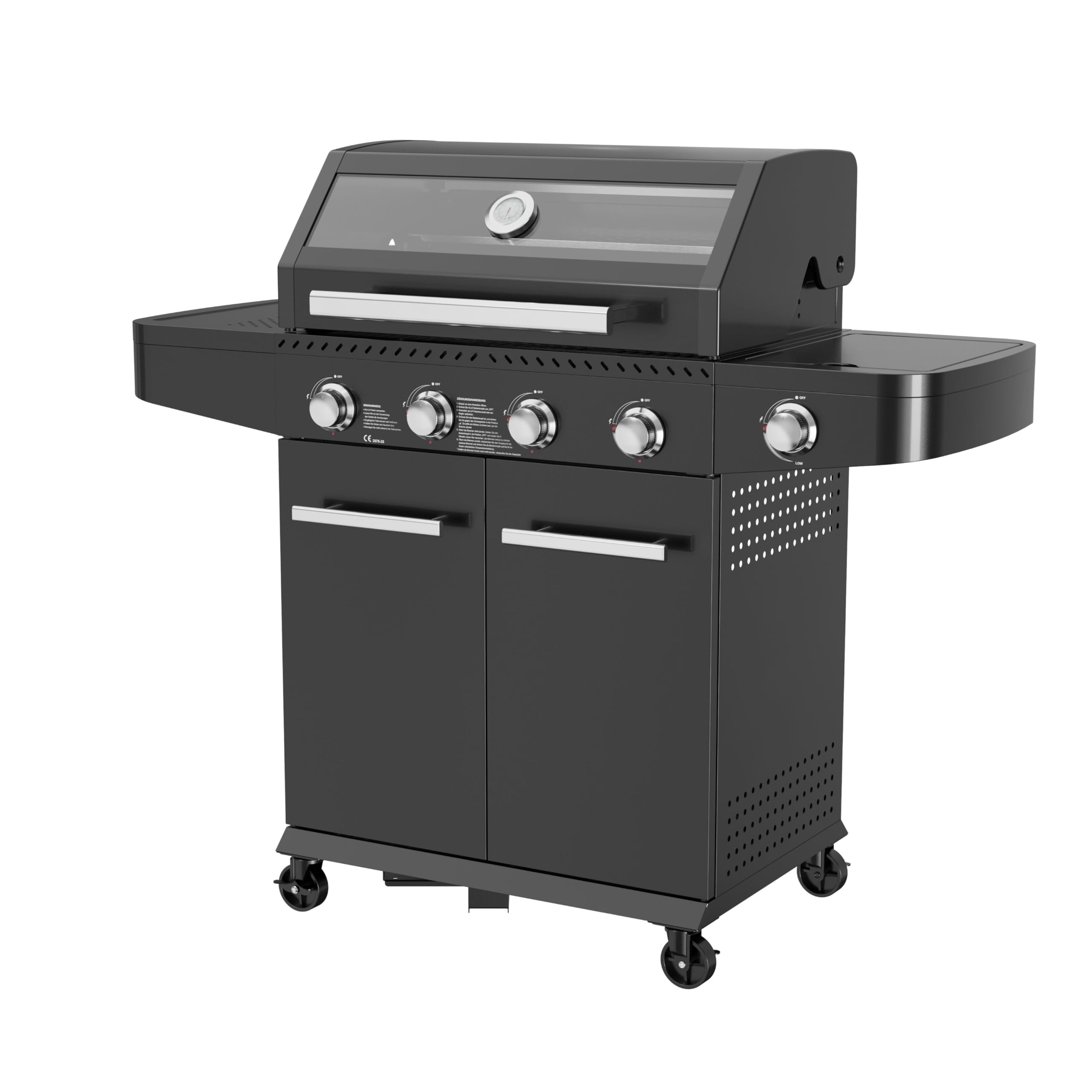 Milani Home - barbecue a gas da giardino, 4 fuochi + fornello laterale, metallo, con coperchio e ruote, nero
