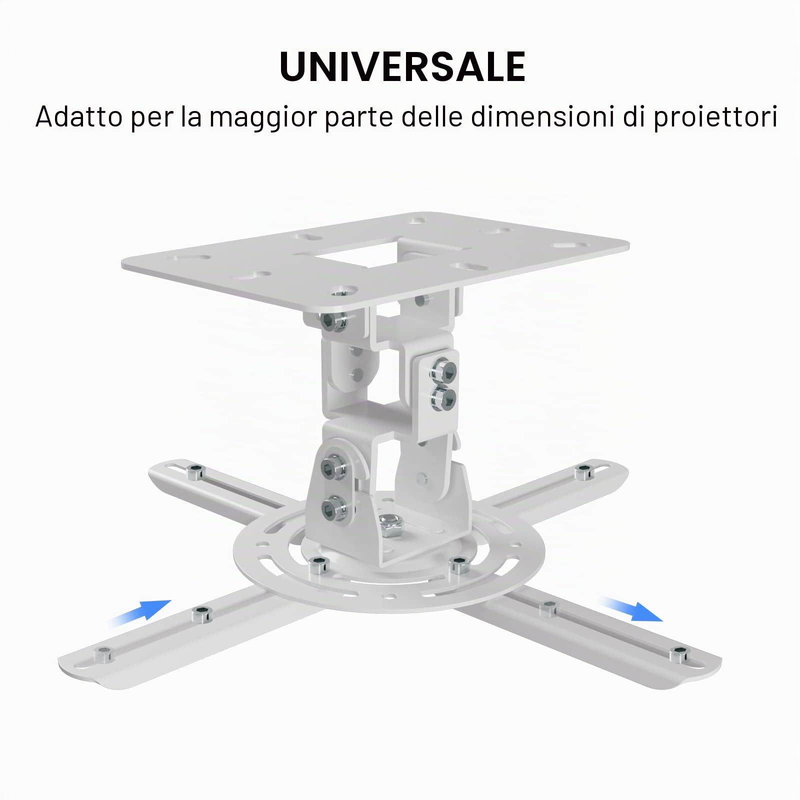 XINLEI Supporto da parete a soffitto universale per proiettore con rotazione di 360°, rotazione di 40° e inclinazione di 30°, morsetto regolabile per impieghi gravosi, capacità 13,6 kg, bianco PR14W