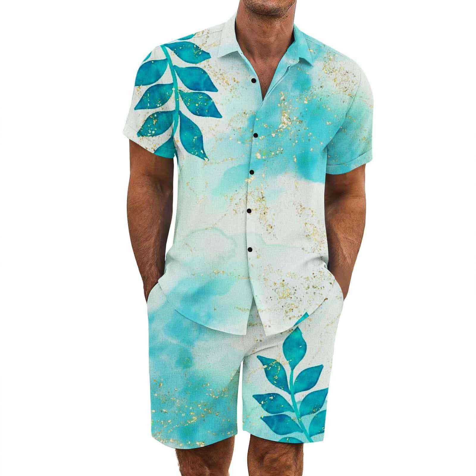 2 Pezzi Uomo Estiva Traspirante in Misto Lino - Completo Stampato e Pantaloncini Tute da Sportivo Completo Leggero Estivo Traspirante Italiana Outift per Vacanza e Tempo