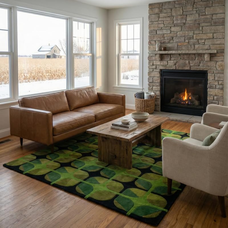 Hand-Tufted Wool Area Rug (8x12 Ft) - Green and Black Geometric Design, Modern Minimalist Carpet for Living Room, Bedroom, and Office