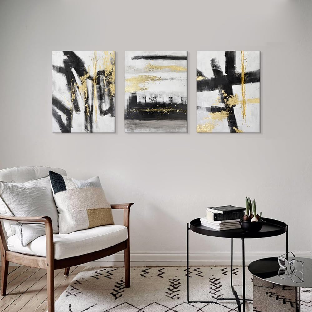 7Fisionart Black and White Abstract Canvas Wall Art 3 Piece Gold Painting Modern wall Decor Canvas Print Framed Artwork for Living Room Office Bedroom Ready to Hang 12" x 16" x 3pcs