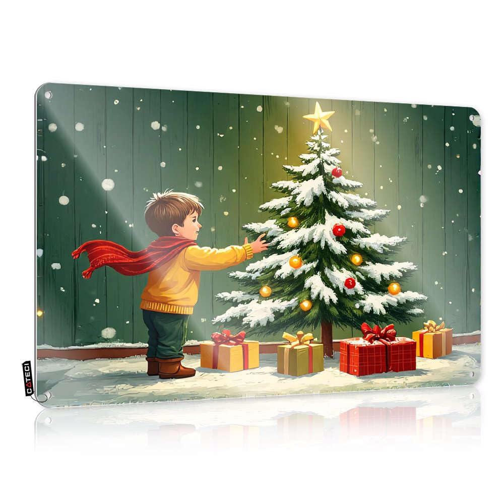 Fzfn Colour Tin Wall Decor Collection Adorable A Child Decorates A Snowy Christmas Tree For Farm - Home Entrance Decor Customizable(30X40cm)