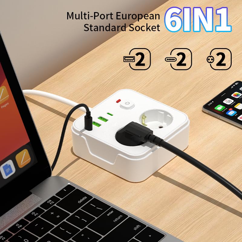 Steckdosenleiste 6-in-1 mit 2M Verlängerungskabel, 2 AC-Steckdosen, 2 USB und 2 Typ-C, für Zuhause, Büro und Reisen(Schwarz)