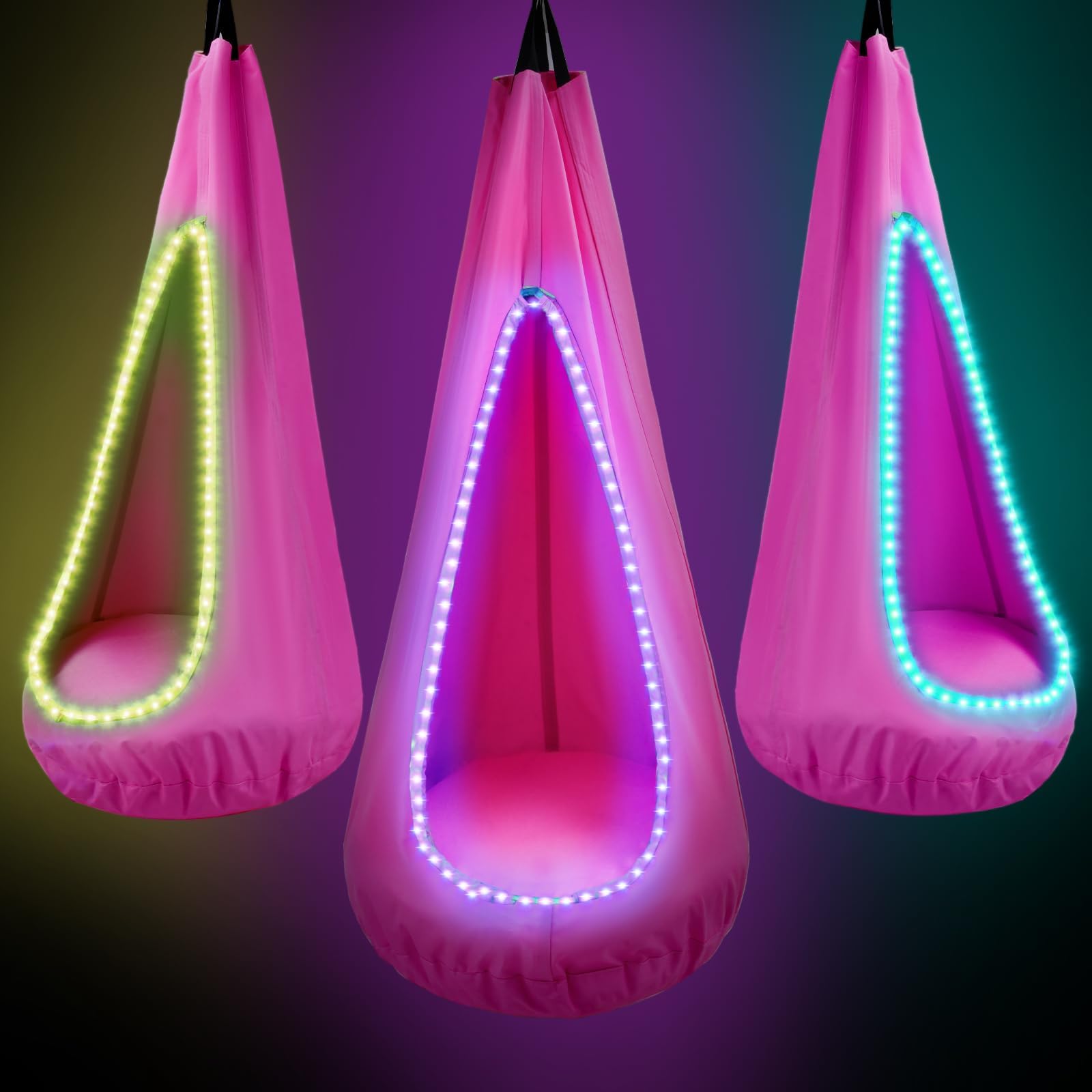 Light Up Kids Pod Swing Seat, Max 260Lbs Sensory Swing for Kids with LED Lights and Inflatable Pillow, Autism Swing with Pocket Hanging Hammock Chair for Outdoor and Indoor（Pink）