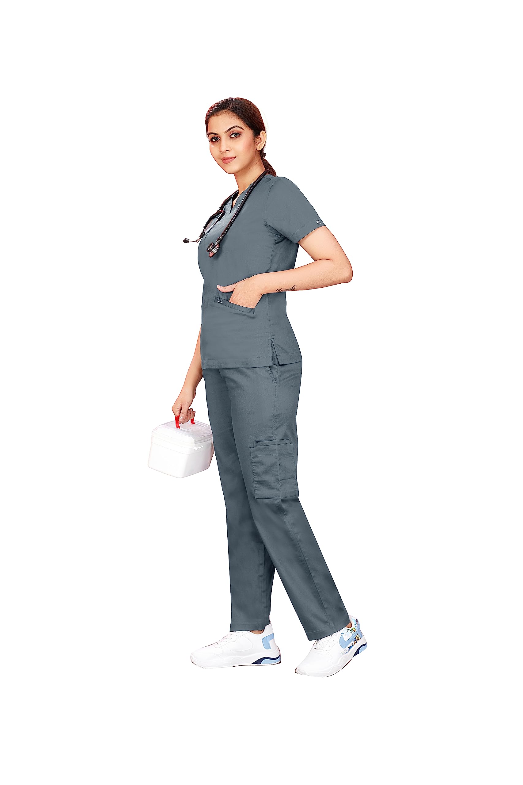 UNINUR Womens 2-Way Stretchable Uniflex 9 Pocket Scrub Suit for Doctors,Nurse & Health Professional (Small, Stone Grey) (B0CBGBBCKV) Amazon Price History, Amazon Price Tracker