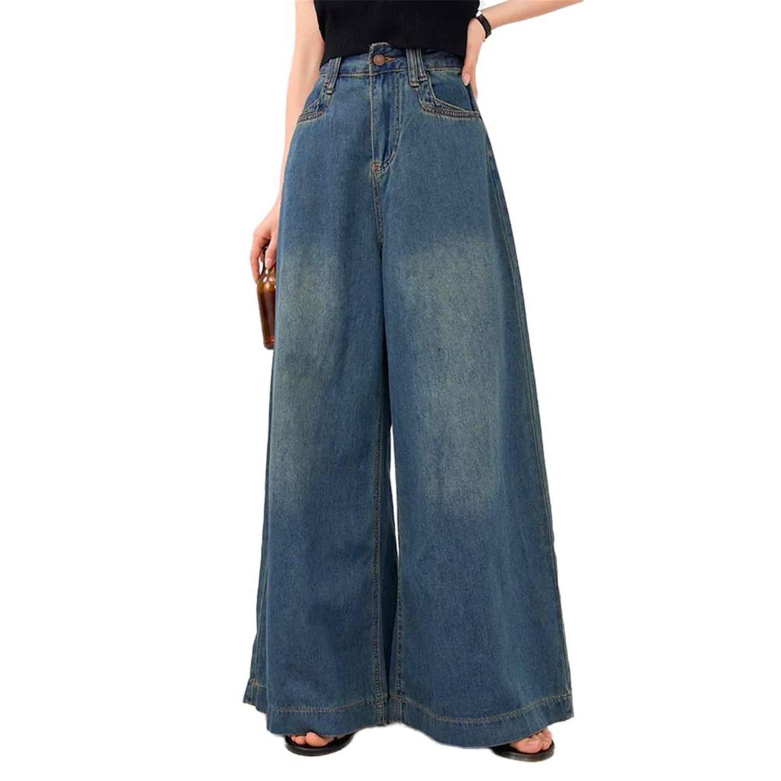 Pantalones Vaqueros para Mujer Vintage Pierna Ancha Casuales Tiro Alto Holgados Rectos Coreano Jeans para Mujeres
