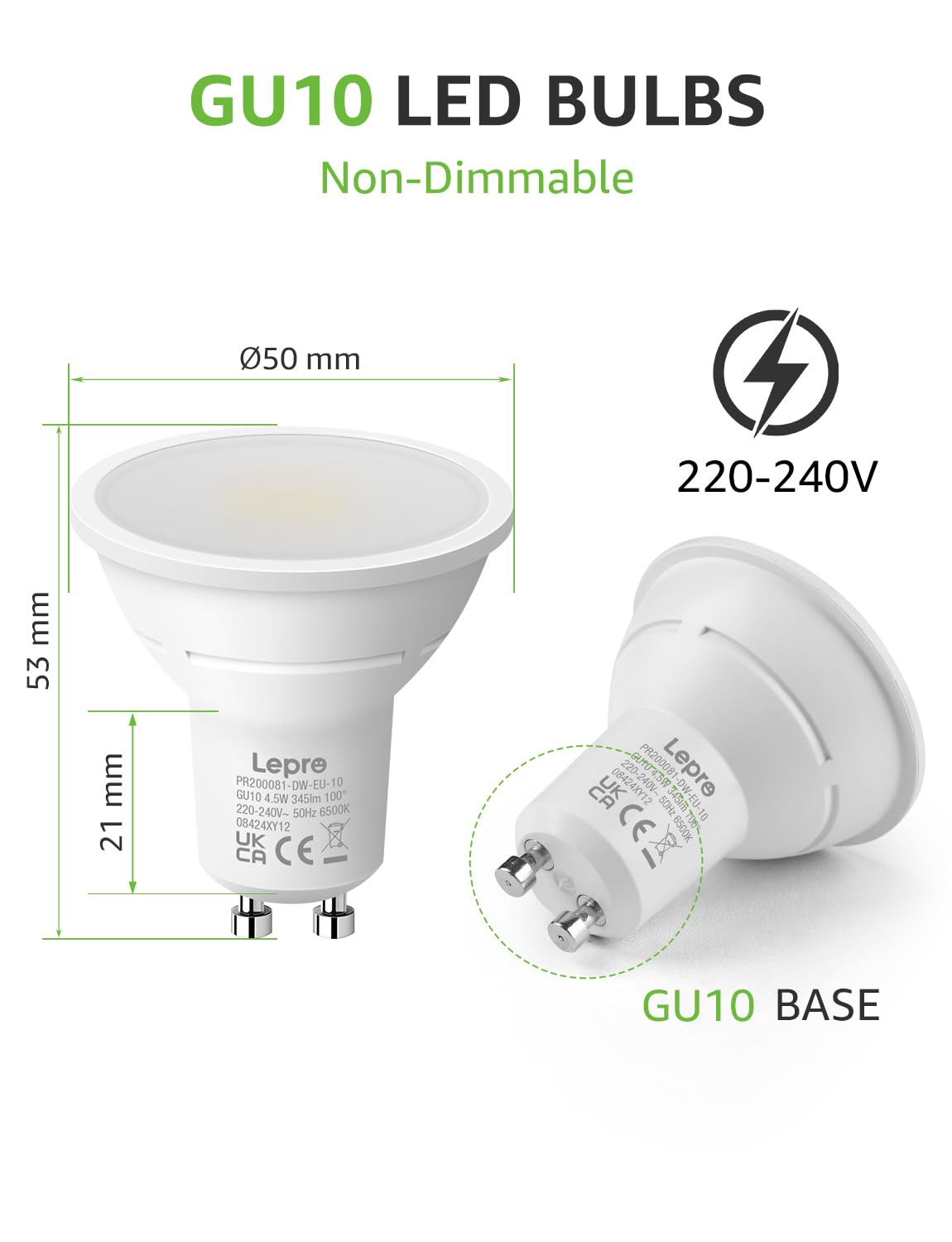 Lepro GU10 LED Bulbs, Cool White 6500K, 4.5W 345lm Daylight Led Bulbs, No Flickering, 50W Halogen Bulb Equivalent - Image 4