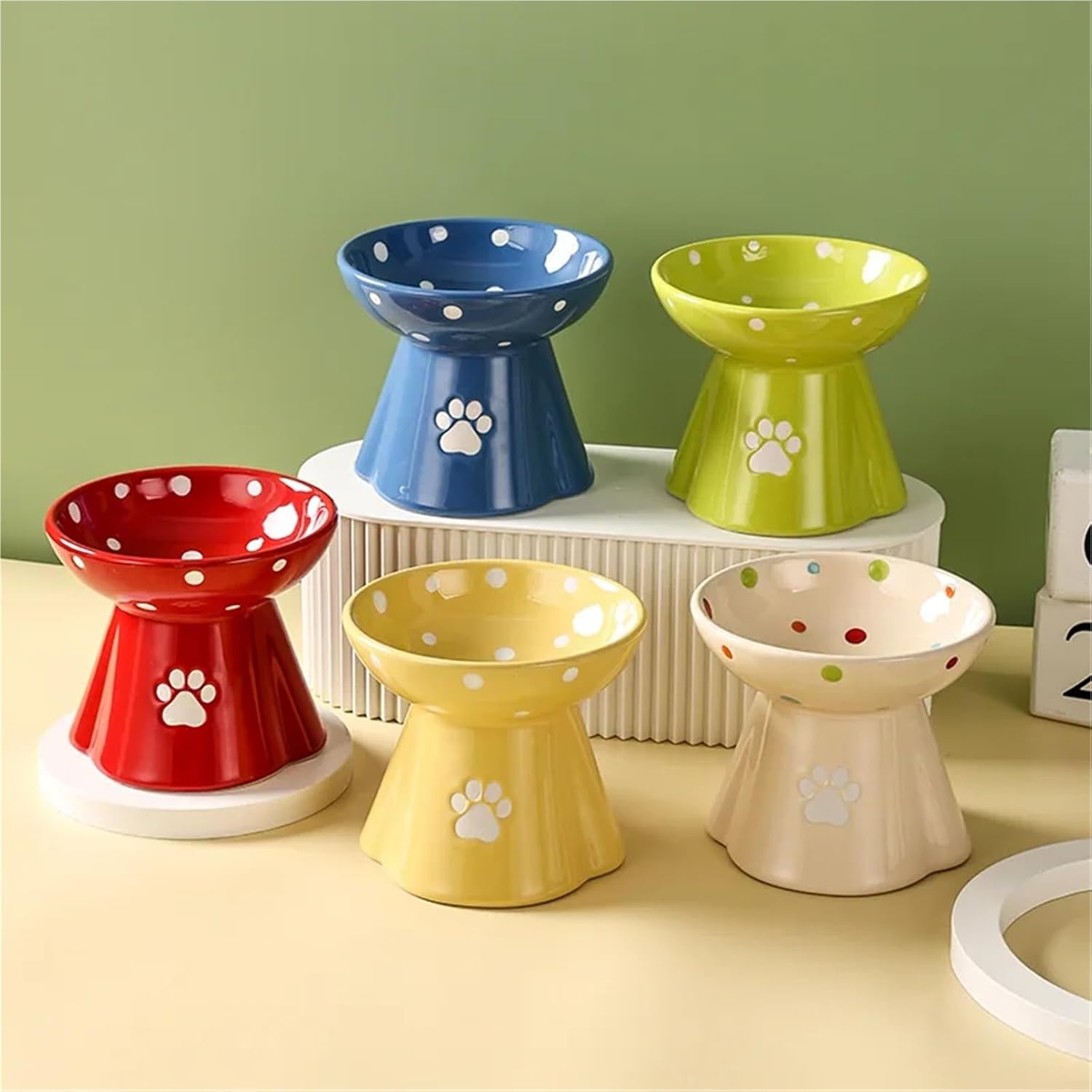 Ceramic Elevated Cat Bowl, Cervical Protection Pet Food Basin with Anti-Black Chin Design for Cats & Teddy Dogs(Red)