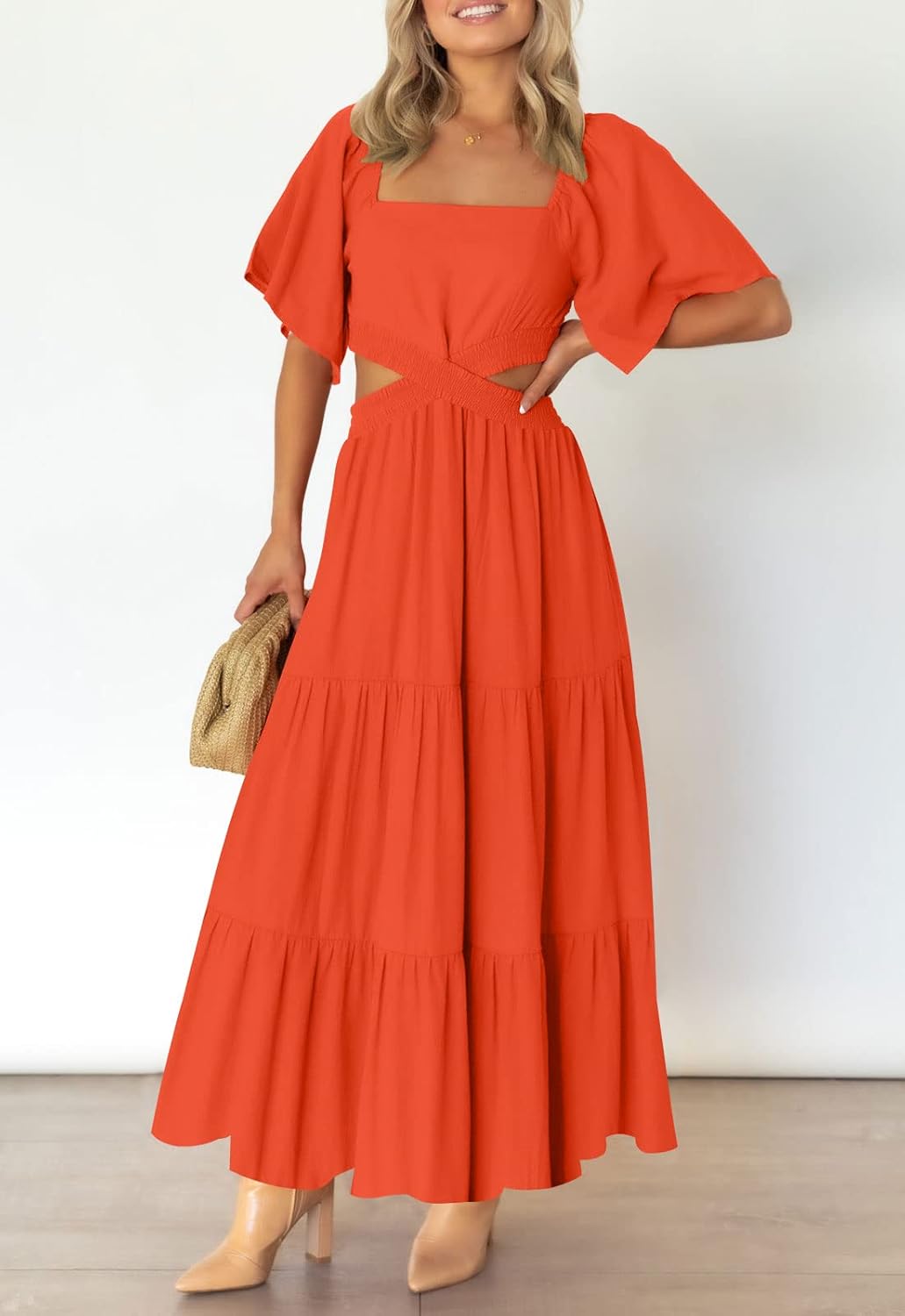 LEANI Women's 2025 Summer Cutout Maxi Dress Square Neck Short Sleeve Crossover Waist Casual Party Dresses - Image 2