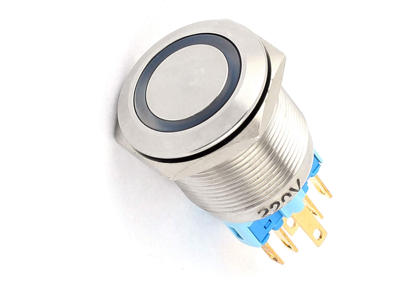 Aexit AC 220V 18mm Blue Light 22mm Thread Dia Latching Push Button Switch (e081d14a15a3411db0e1aa7f3efba320)