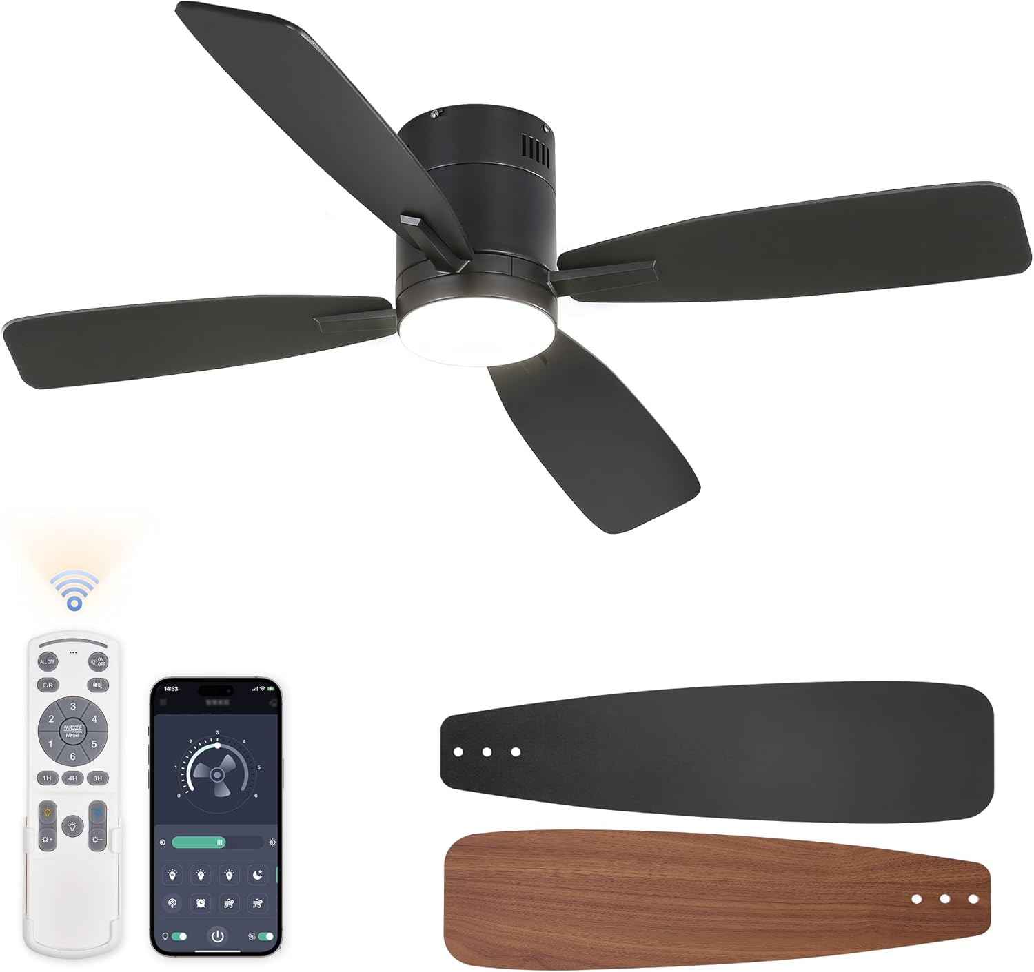 LEDIARY 52 inch Ceiling Fans with Lights and Remote Control,Flush Mount Ceiling Fan with Quiet Reversible DC Motor,Black Modern Low Profile Ceiling Fan with Light for Bedroom Living Room Patio Black 52 inch