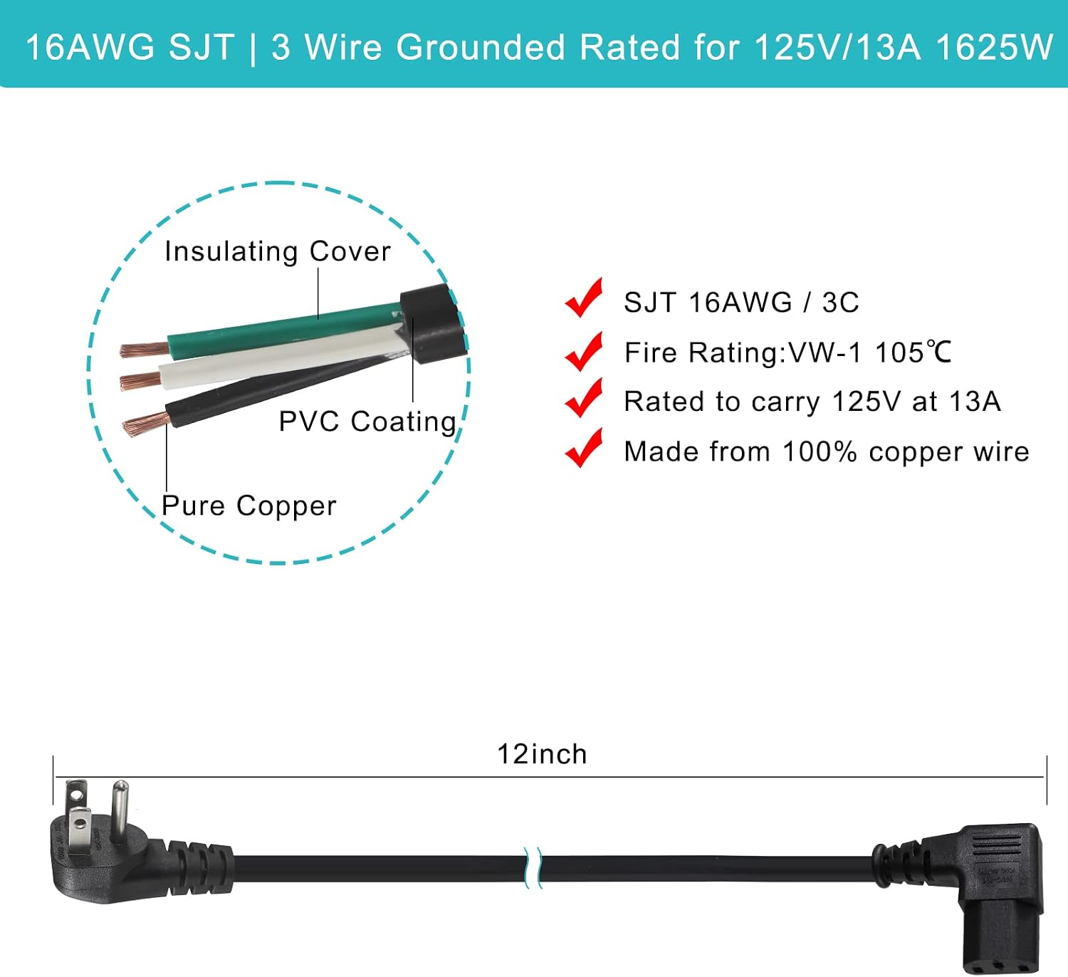 [1 Pack] 90 Degree Computer Power Cord Right Angle - 1FT Flat Plug NEMA 5-15 Plug to IEC C13 Power Cord,Universal PC Power Supply Cord 16AWG, Black C13 3 Prong Angled AC Power Cord for PC Monitor/TV image 3