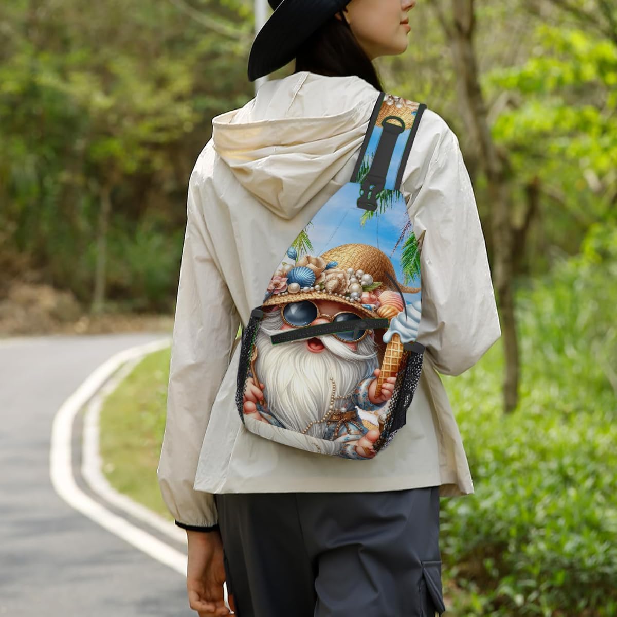 Small Beach Gnome Lovely Sling Bag for Women Men Lightweight Chest Bag Crossbody Daypack Anti Theft Shoulder Backpack with Adjustable Shoulder Strap for Outdoors Sports Hiking Travel