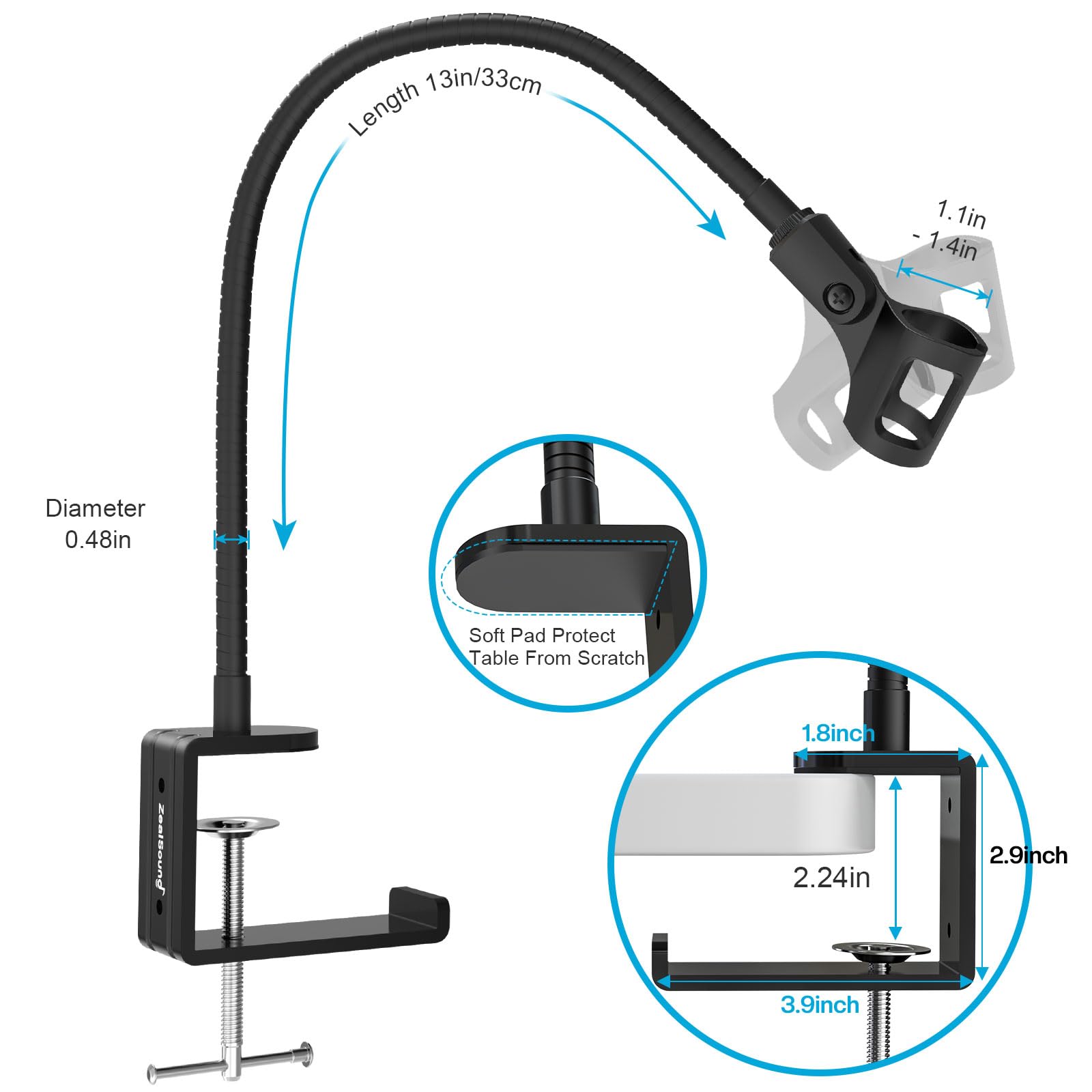 zealsound Stojaka na mikrofon z regulowanym ramionem typu łabądź z klipsem na mikrofon, adapter 3/8" na 5/8", ulepszony mocny zacisk stołowy, do Blue Snowball, Ice, Spark, SoloCast, 33 cm