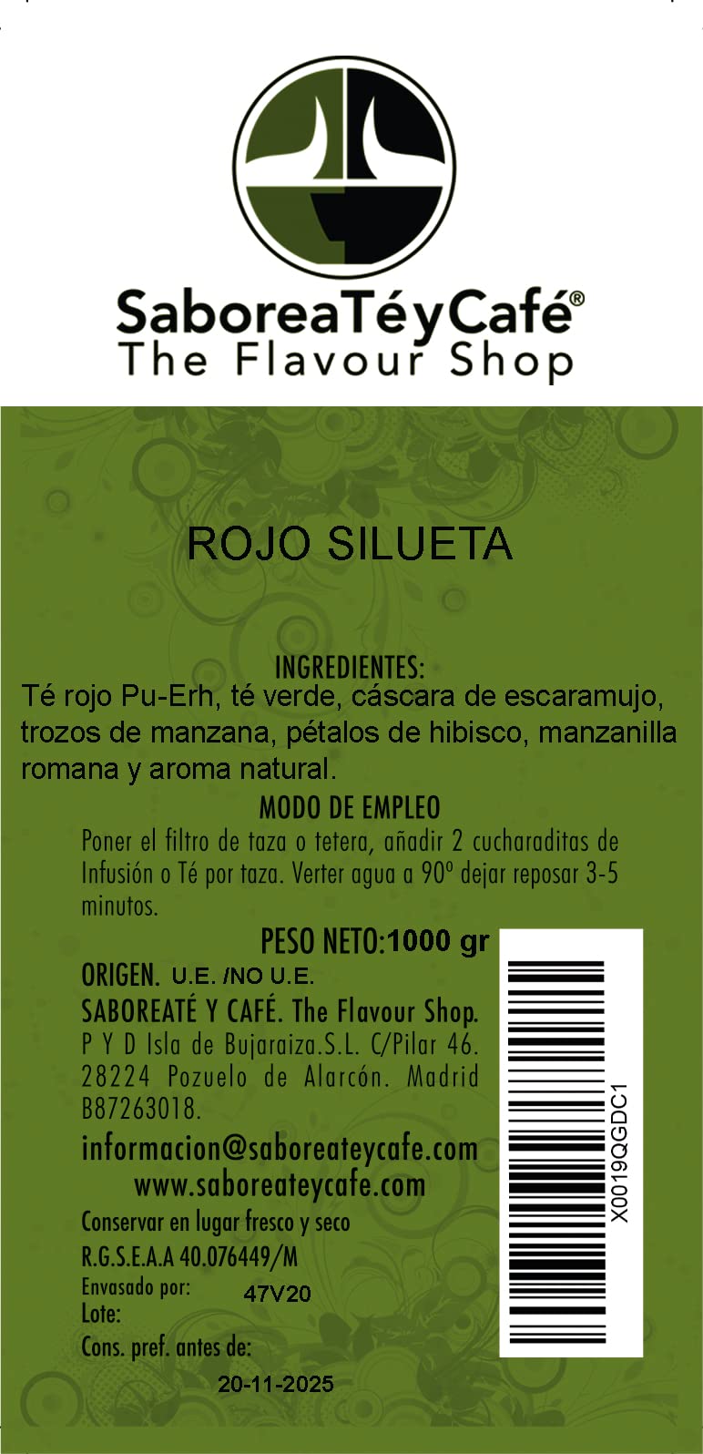 SABOREATE Y CAFE THE FLAVOUR SHOP Té Rojo Silueta Pu Erh Yunnan China en Hebra Hoja Granel Infusiones Naturales Adelgazantes 1 kilogramo