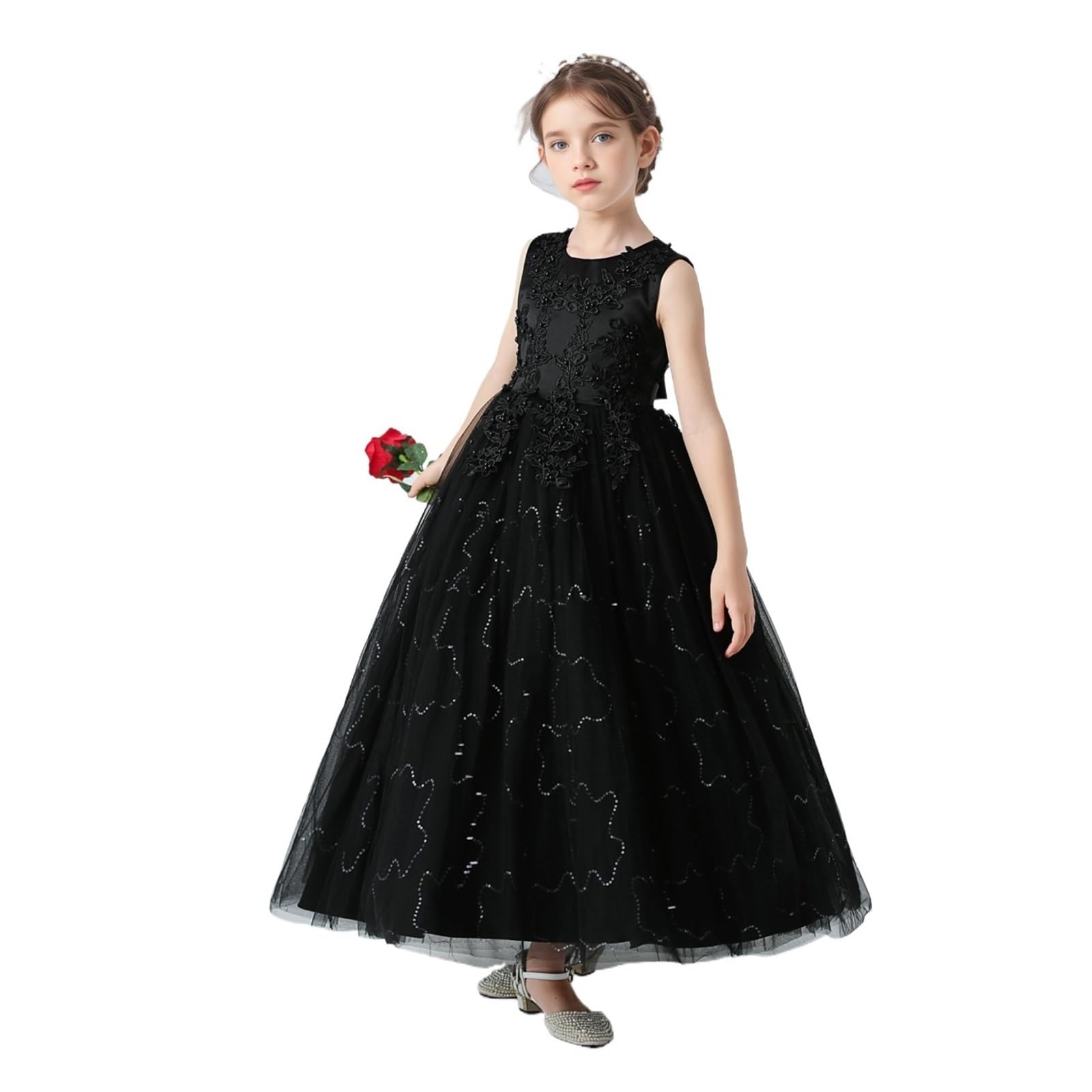 Vestido De Fiesta para NiñA Vestidos Infantiles for niñas, Vestido de Encaje, Ropa de Princesa for niños, Fiesta de Noche Formal, Vestidos de Boda for niñas con Flores(Black,130(5T))