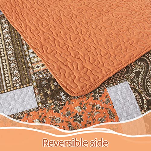 Bedifany Cotton Quilts King Size For Farmhouse- Reversible Patchwork Bedspread Set For Summer - Highly-Woven Soft Lightweight Bed Spread For All Seasons (Floral Orange) 3 Pieces #TOP6