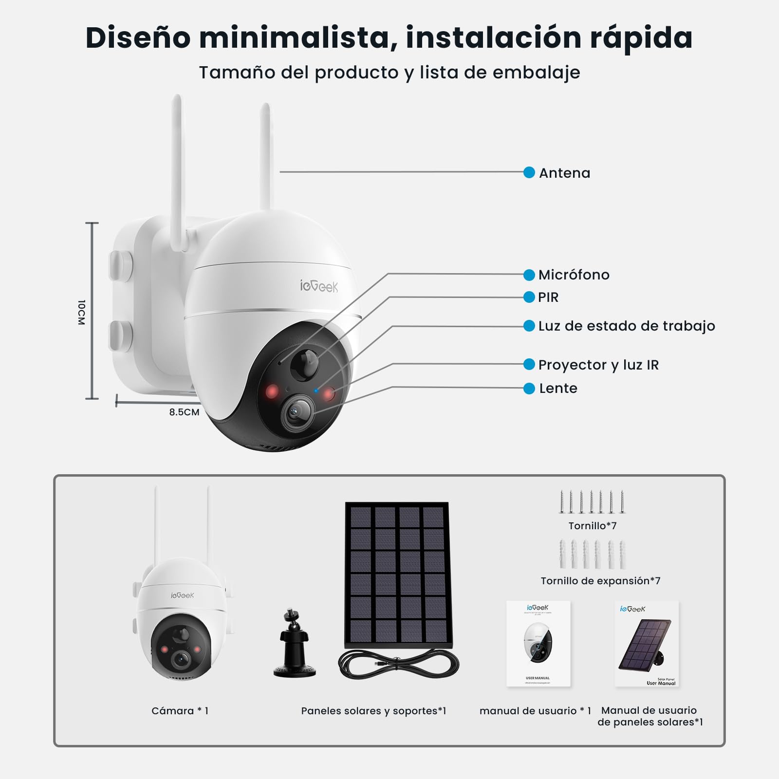 ieGeek 5MP Camara Vigilancia WiFi Exterior Solar, PTZ 360° | Detección Humana PIR, Visión Nocturna en Color, Audio Bidireccional, Almacenamiento Local/Nube, Compatible Alexa IP65
