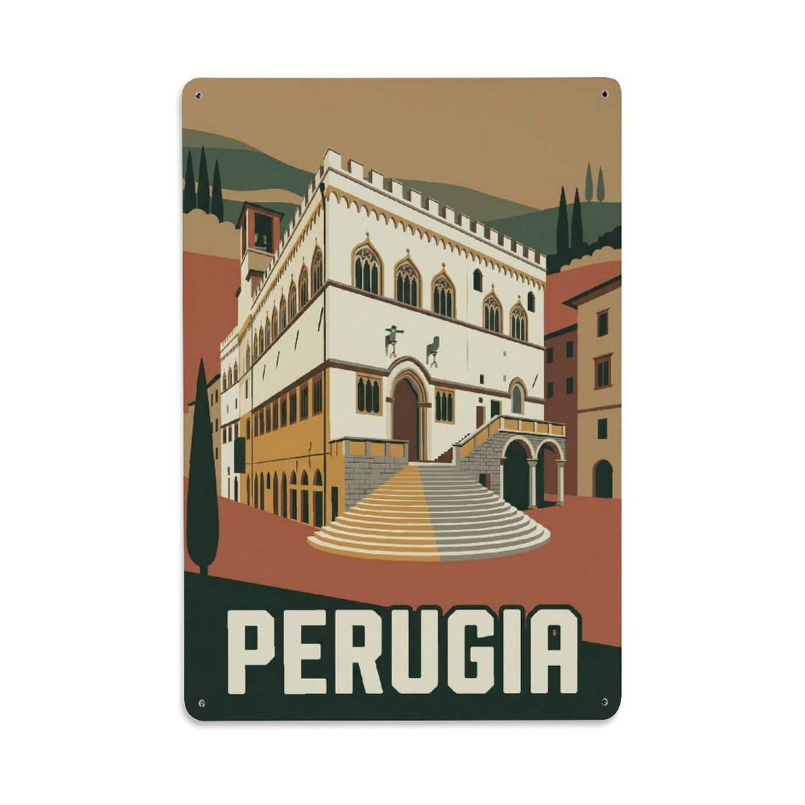 Vintage Travel Perugia Palazzo Dei Priori Clean Italy Metal Tin Sign Plaque Wall Decor for Cafe, Club Bar, Office, Home Garden Metal Poster 8x12Inch