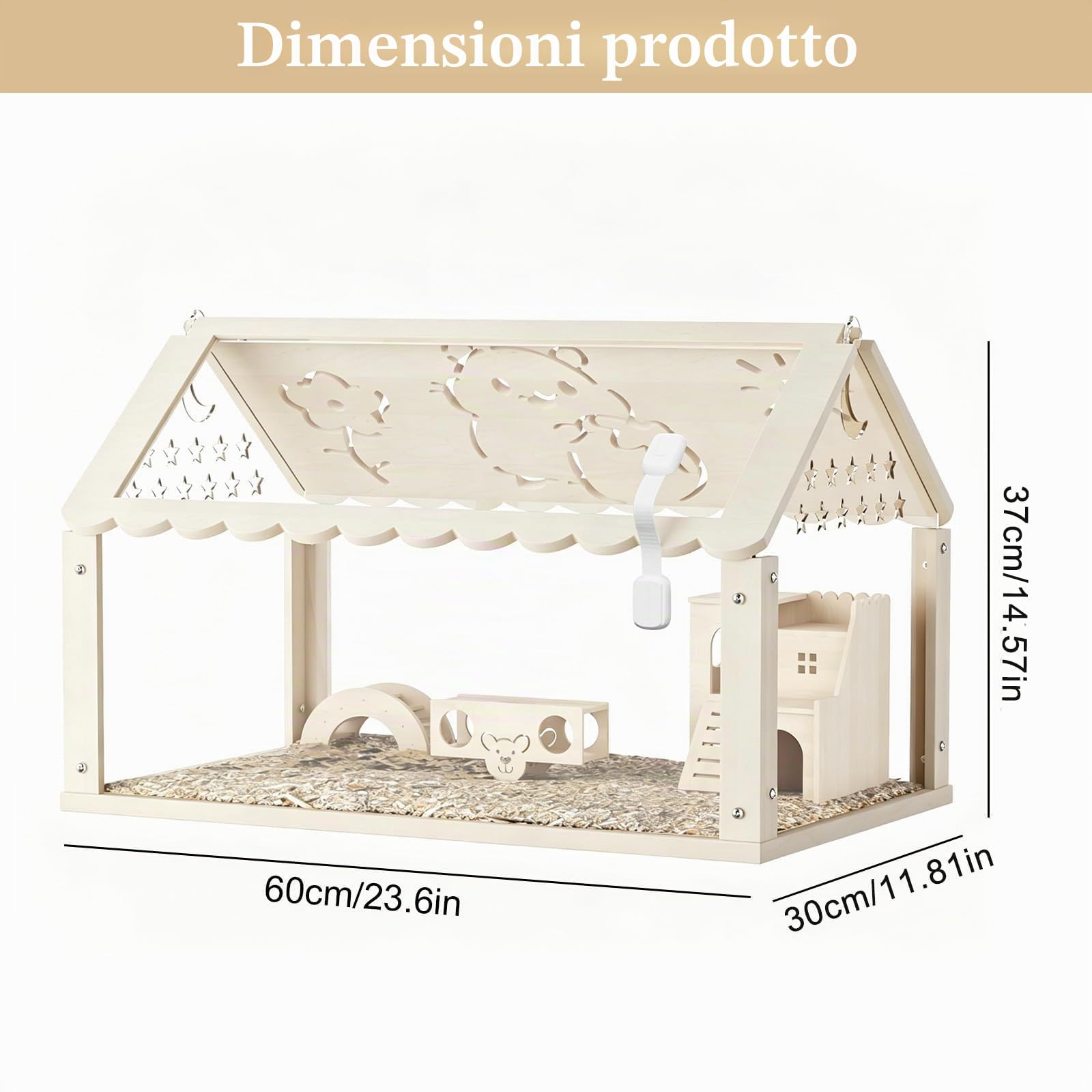 Gabbia per criceti in legno, 60 x 30 x 40 cm, con nascondiglio in stile villa, ponte ad arco e passaggio, gabbia trasparente per criceti siriani, criceti nani e porcellini d'India