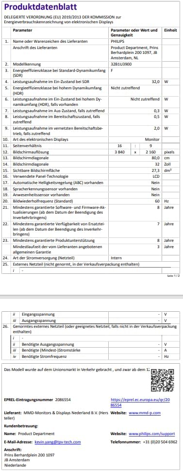 Energy label for the PHILIPS 32B1U3900 monitor, showing an energy efficiency class of F and energy consumption of 32 kWh per 1000 hours.