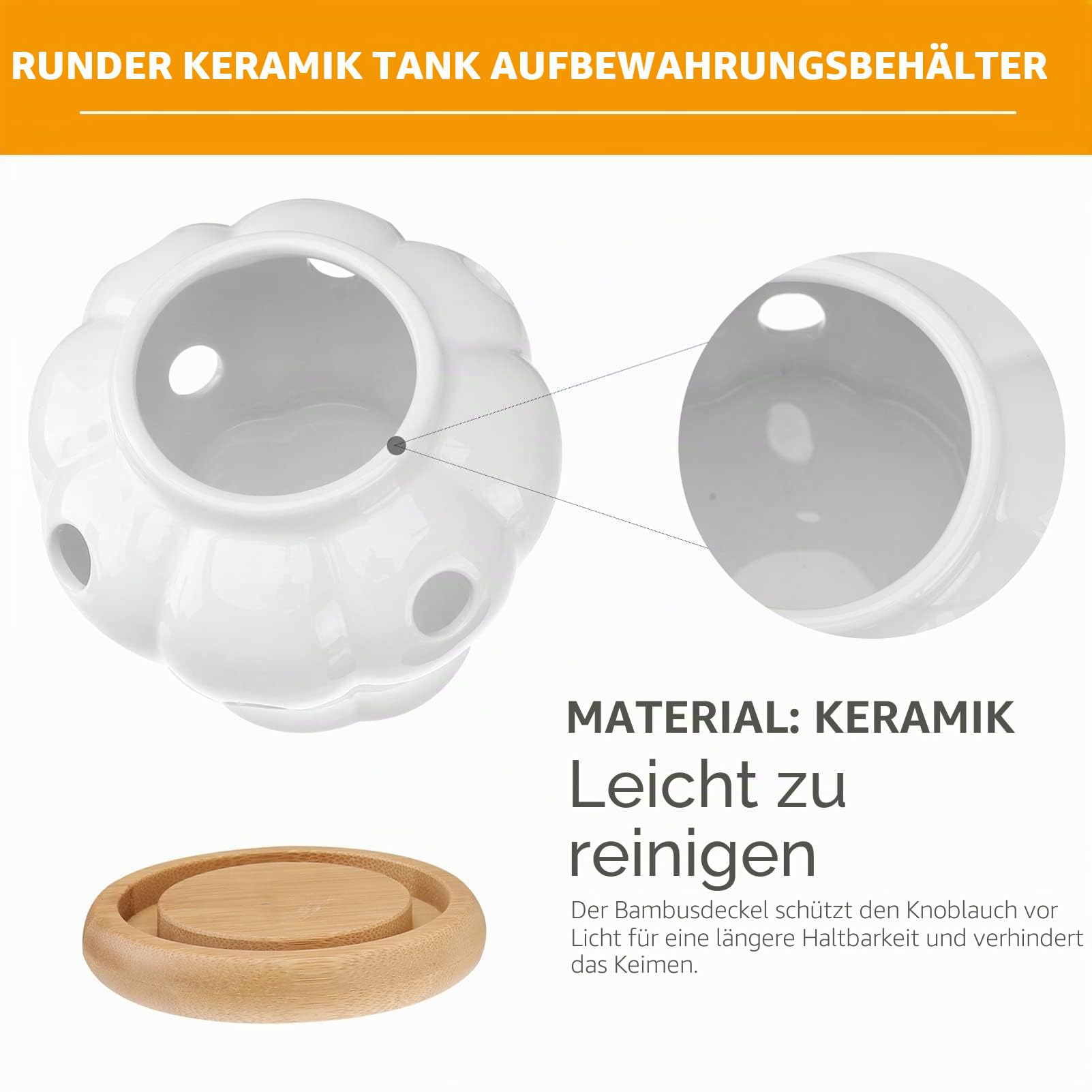 Yardwe Keramik Zwiebeltopf Knoblauch Vorratsdose mit Holz Deckel Kartoffeltopf Vorratstopf Vorratsbehälter Keramikdose Knoblauchtopf Zwiebeln Dose Kartoffeln Behälter für Ingwer Container