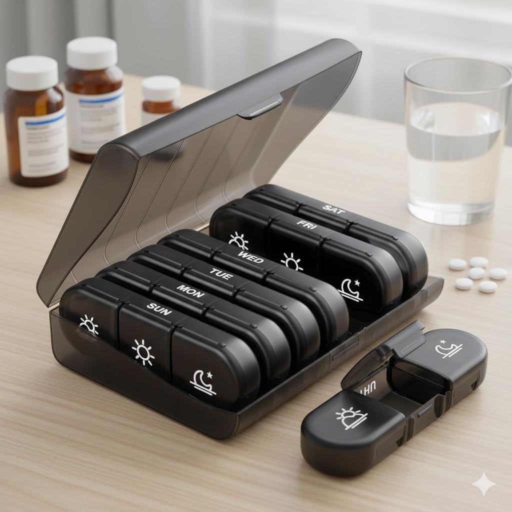 Weekly Pill Organizer 7 Day | 3 Times a Day Medicine Box with Large Compartments | Airtight Portable Travel Pill Case for Tablets, Vitamins, Supplements & Daily Medication | Black-image-40