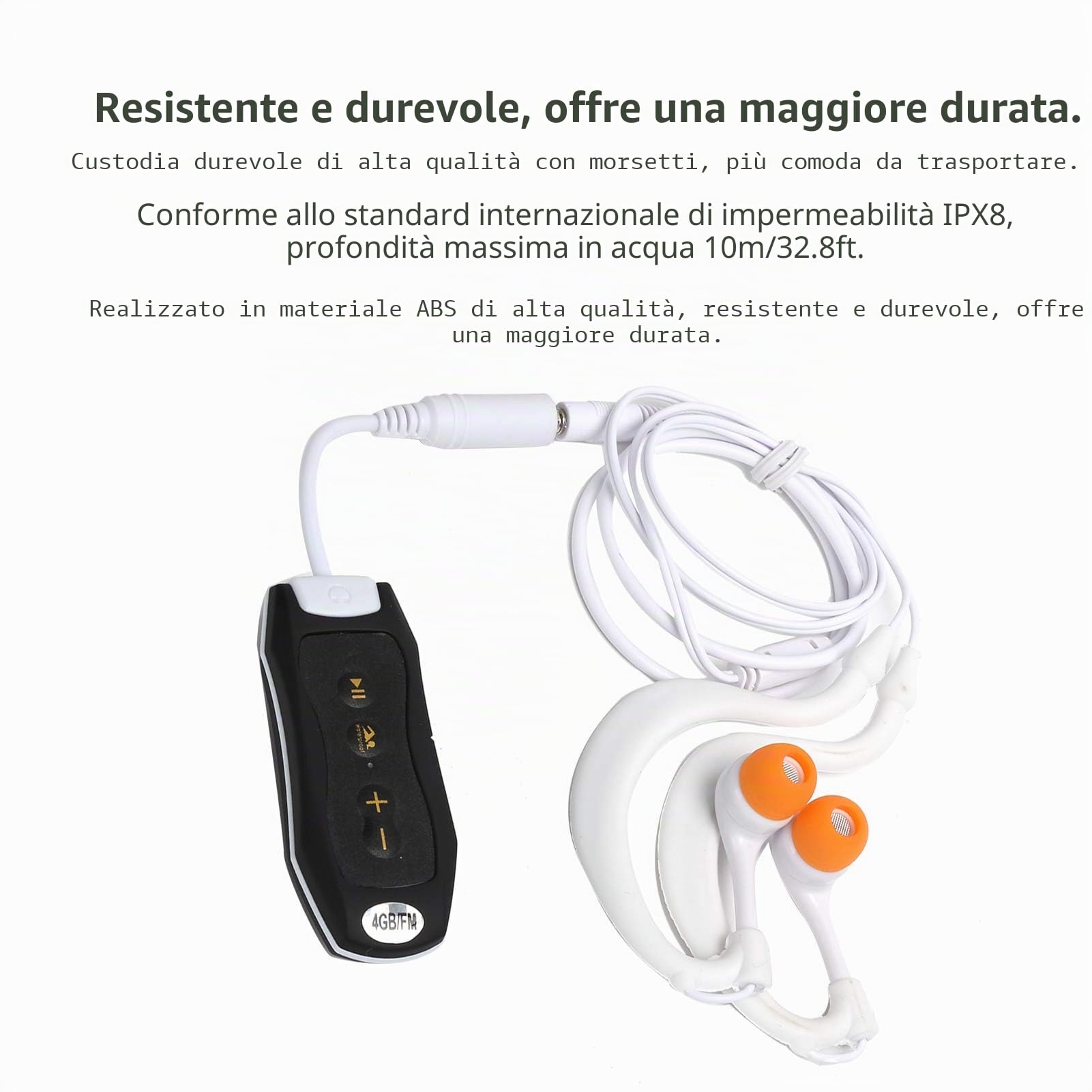 Lettore Musicale FM Impermeabile IPX8 da 4 GB Sport Subacqueo Portatile MP3 con Auricolare e Clip