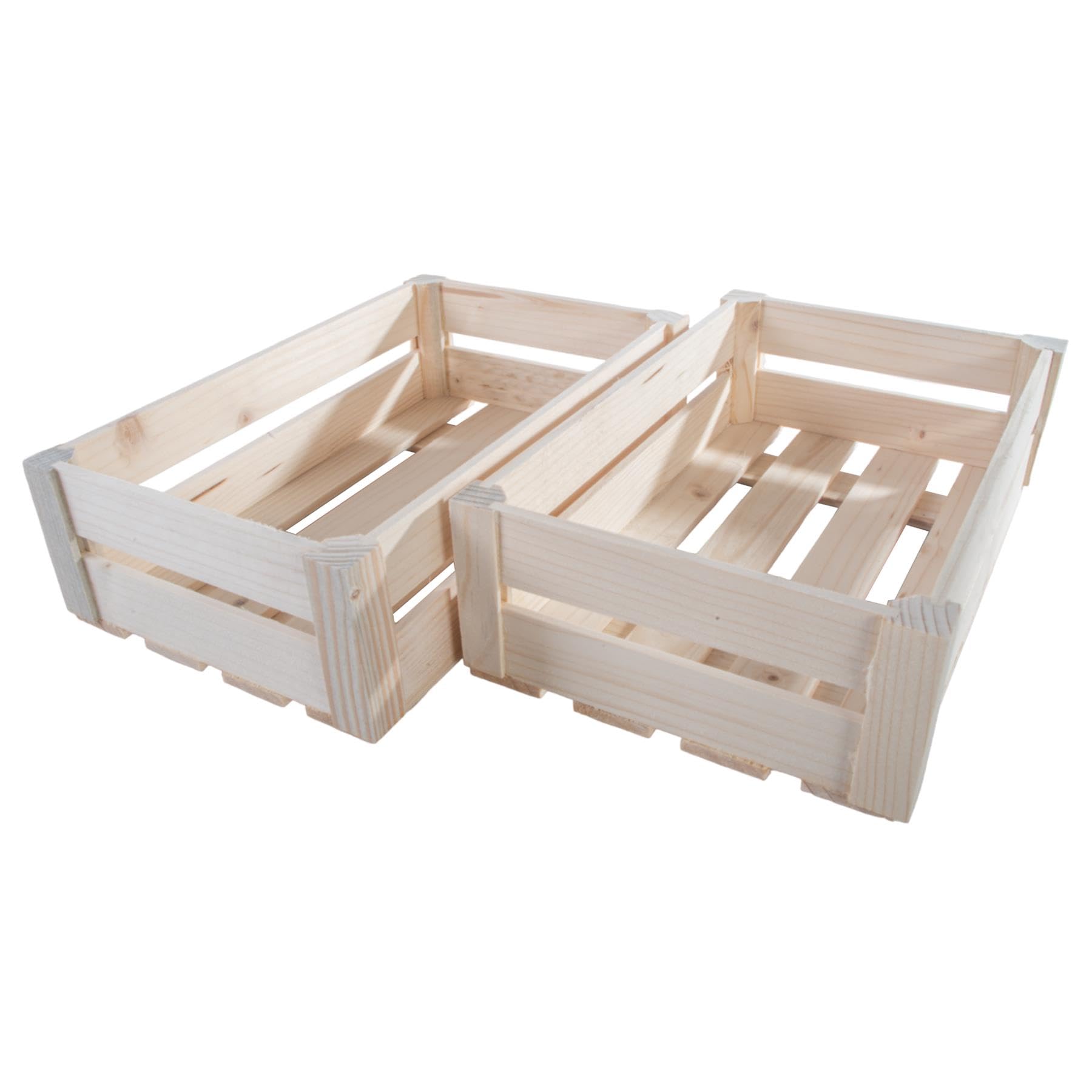 WooDeeDoo Shallow Wooden Crate | 2 Pack | Natural Wood Slatted Presentation Storage Shelf Box | 28.5 x 17.5 x 8.5 cm | Apple Fruit Display Hamper Plain Decorative Pine