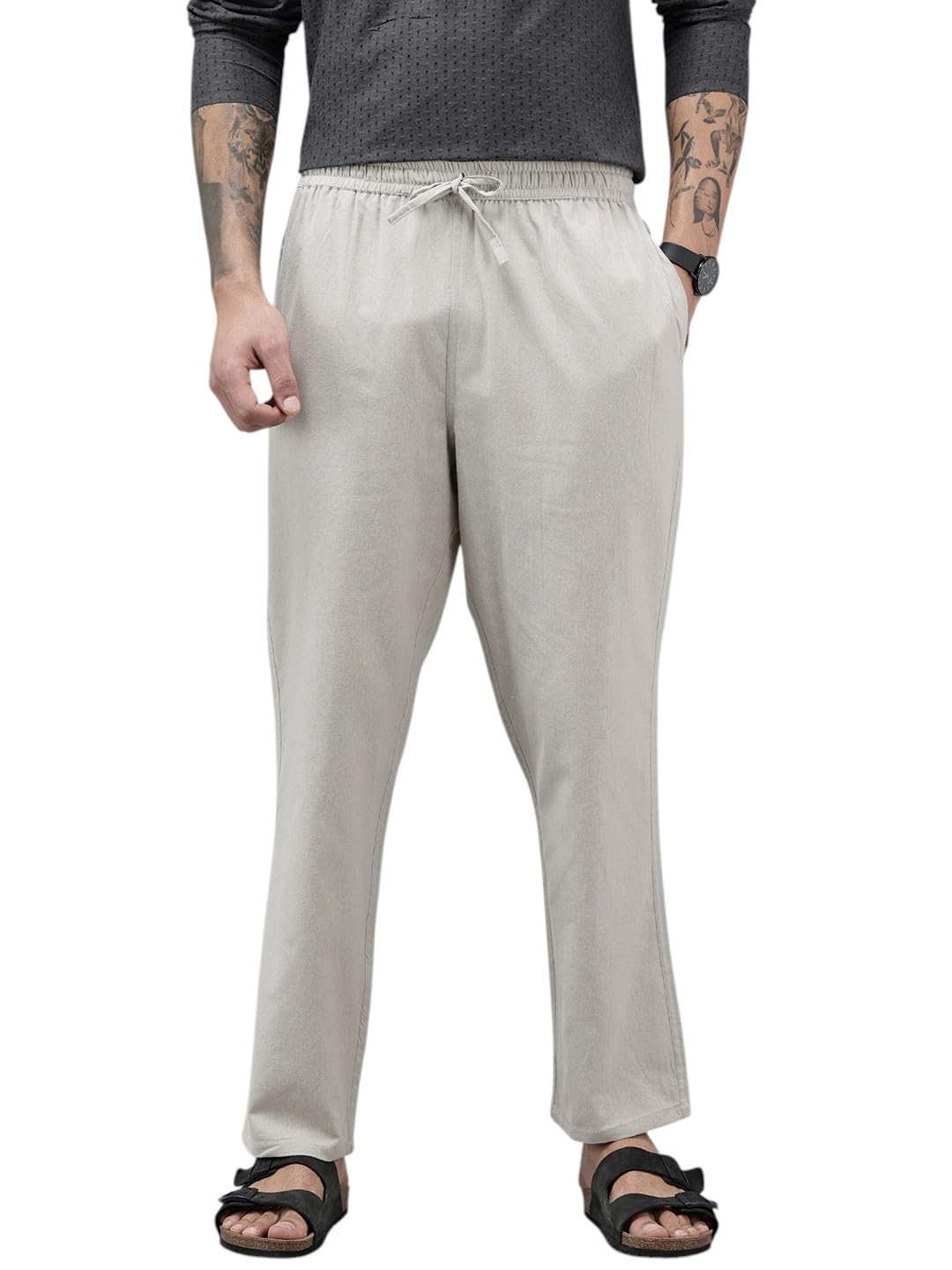 Men's Cotton Blend Solid Trouser Pants with Drawstring Waistband | Elasticated Waist | Relaxed Fit | Casual with Side and Back Pockets, Grey-picture-21