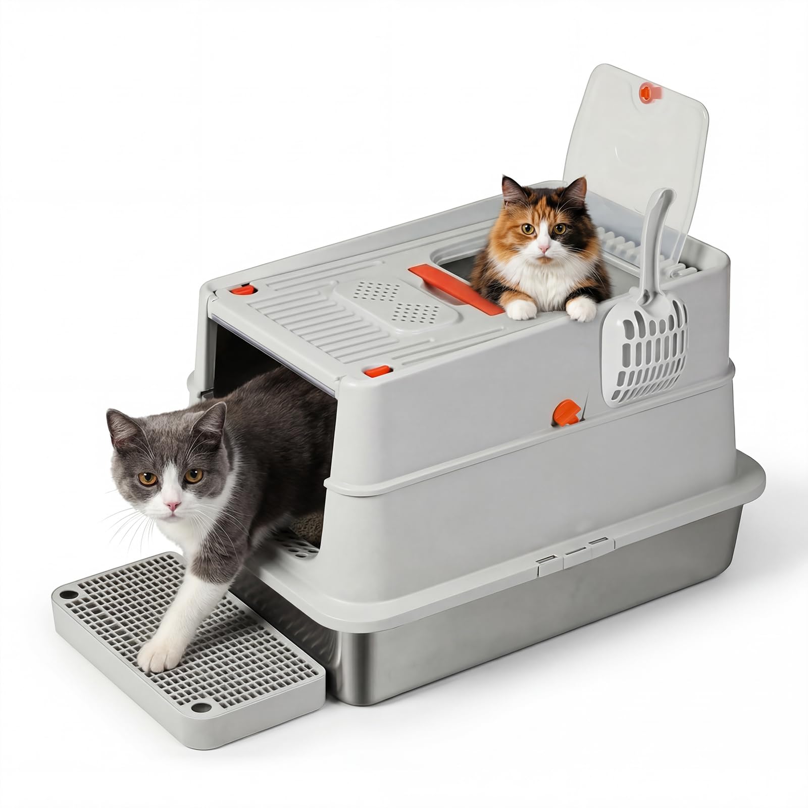 Skylos Enclosed Stainless Steel Cat Litter Box with Lid, 60L Large Capacity, 3-in-1 Convertible Design, Leak-Proof High Sided, Built-in Deodorizer Slot, Anti-Tracking Step, for Cats & Multi-Cat Homes