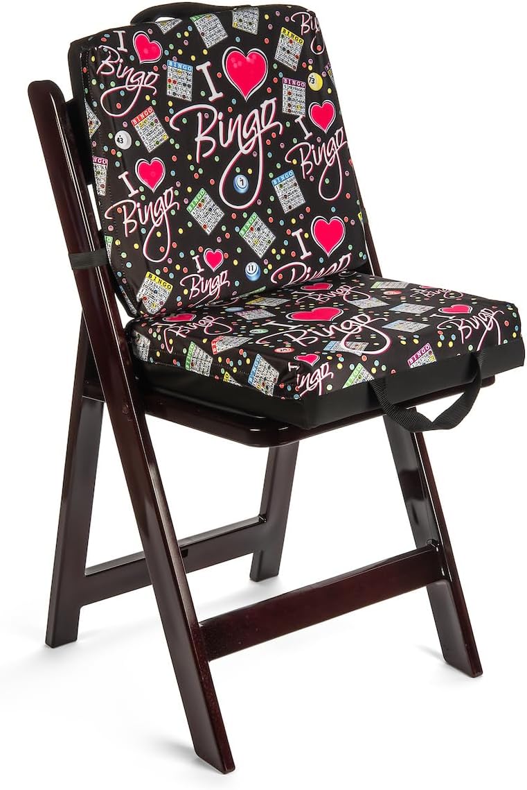 I Love Bingo Black Pattern Seat Cushion – Extra Thick 3” Bingo Pillow with Strap, Storage Pouch & Handles – Comfortable Folding Chair Cushion for Bingo Nights