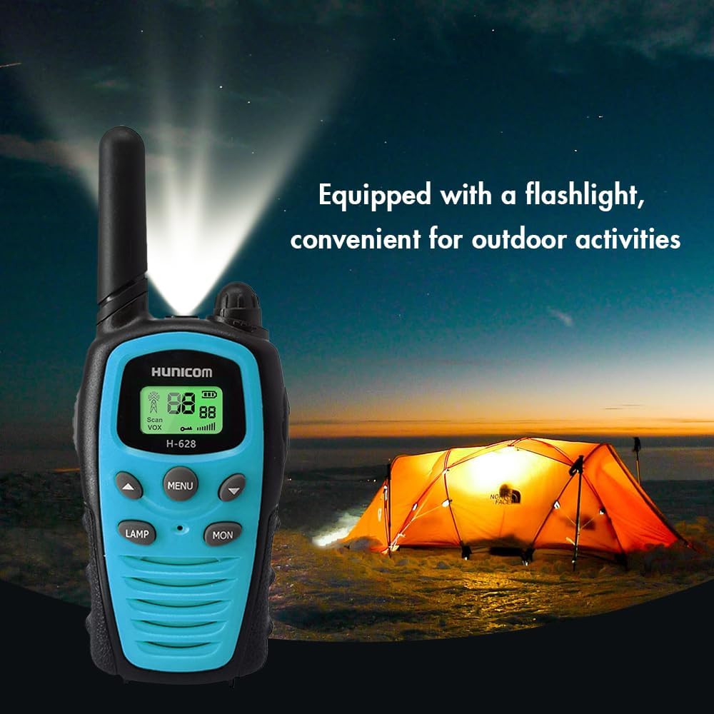 HUNICOM H-628 Walkie Talkie with flashlight illuminated in a dark outdoor setting.