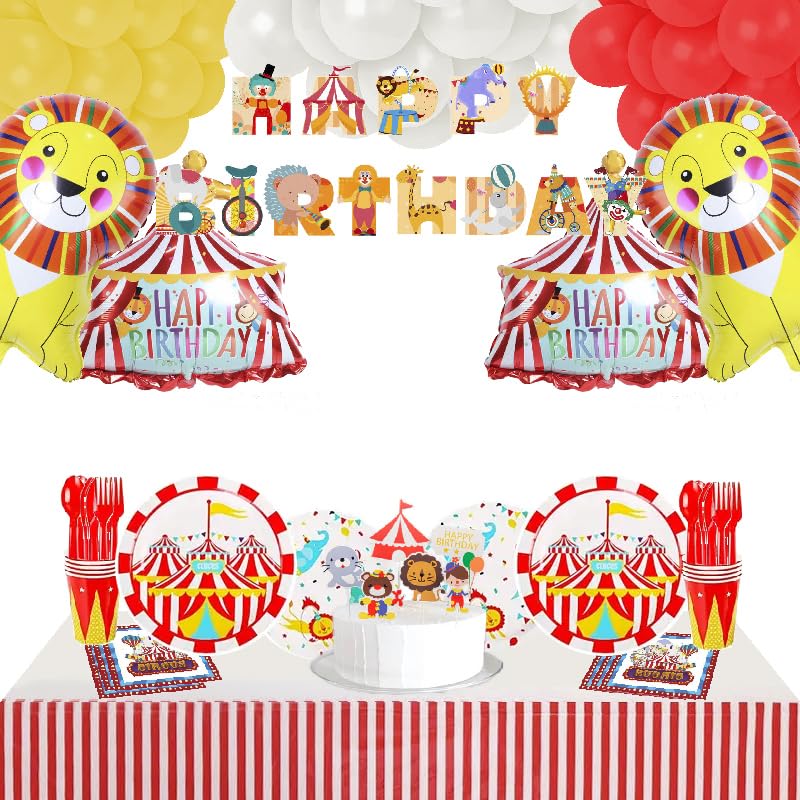 Carnival Party Decoration for 16Guests, 183pcs, Banner, Tablecloth, Tableware Set, Cake Topper, Latex Balloons, Foil Balloons, etc. Circus, Carnival, Festival Party Supplies.