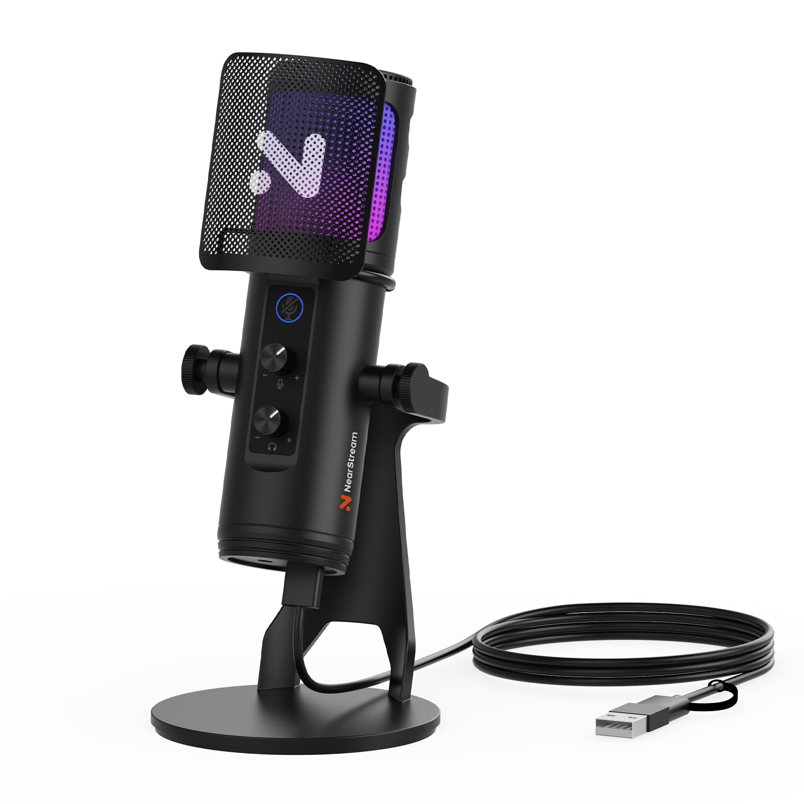 NearStream USB Gaming Microphone for PC with Noise Canceling/RGB Light/Quick Mute/Gain/Headphones Jack/Pop Filter, Desktop Condenser Microphone for