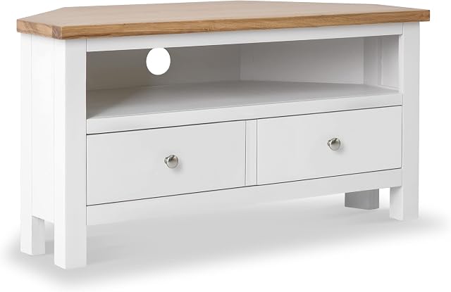 RoselandFurniture Farrow White Corner TV Unit | 90 cm Painted Solid Wood Light Oak Top Television Cabinet Stand Suitable for TVs up to 40 inches for Living Room or Bedroom, Fully Assembled