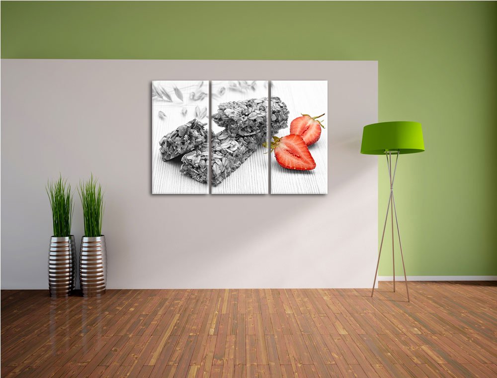 Pixxprint Bio Müsliriegel mit Erdbeere B&W, Leinwandbild 3 Teilig, Gesamtmaß: 120x80cm, Wandbild, Dekoration, fertig gespannt, Kein Poster