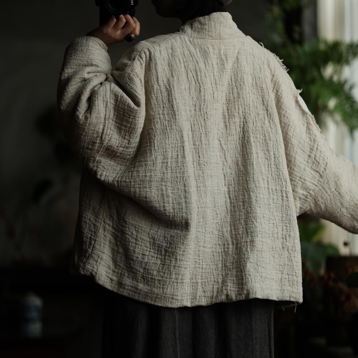 NFYM Women Cotton Linen Quilted Jacket Hand Embroidered Applique Flower Open Front Kimono Coat