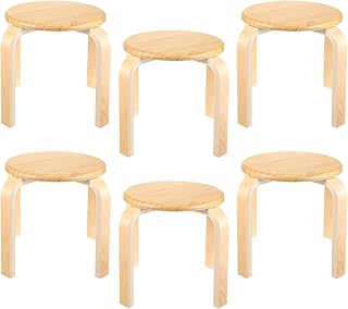 Leinuosen 6 Pcs Solid Wood Stools for Kids, Wooden Stackable Bentwood Round Top Stools Backless Stools for Office, Classrooms, Dining Room, Kitchen
