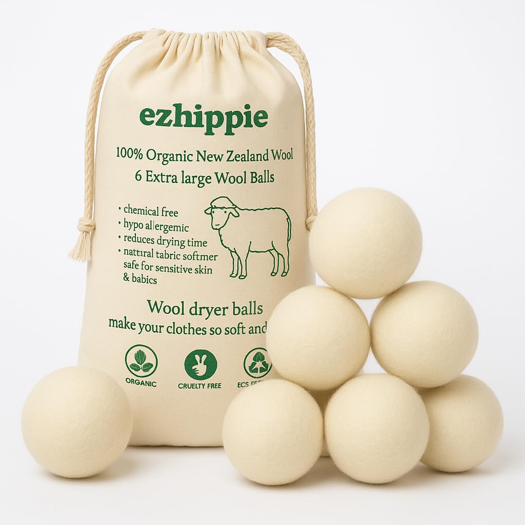 Ezhippie Quality Wool Dryer Balls - 6 XL Pack - 1000+ Loads - Pure Organic Wool - Reusable Natural Fabric Softener Perfect with Essential Oils, Reduce Clothing Static and Wrinkles