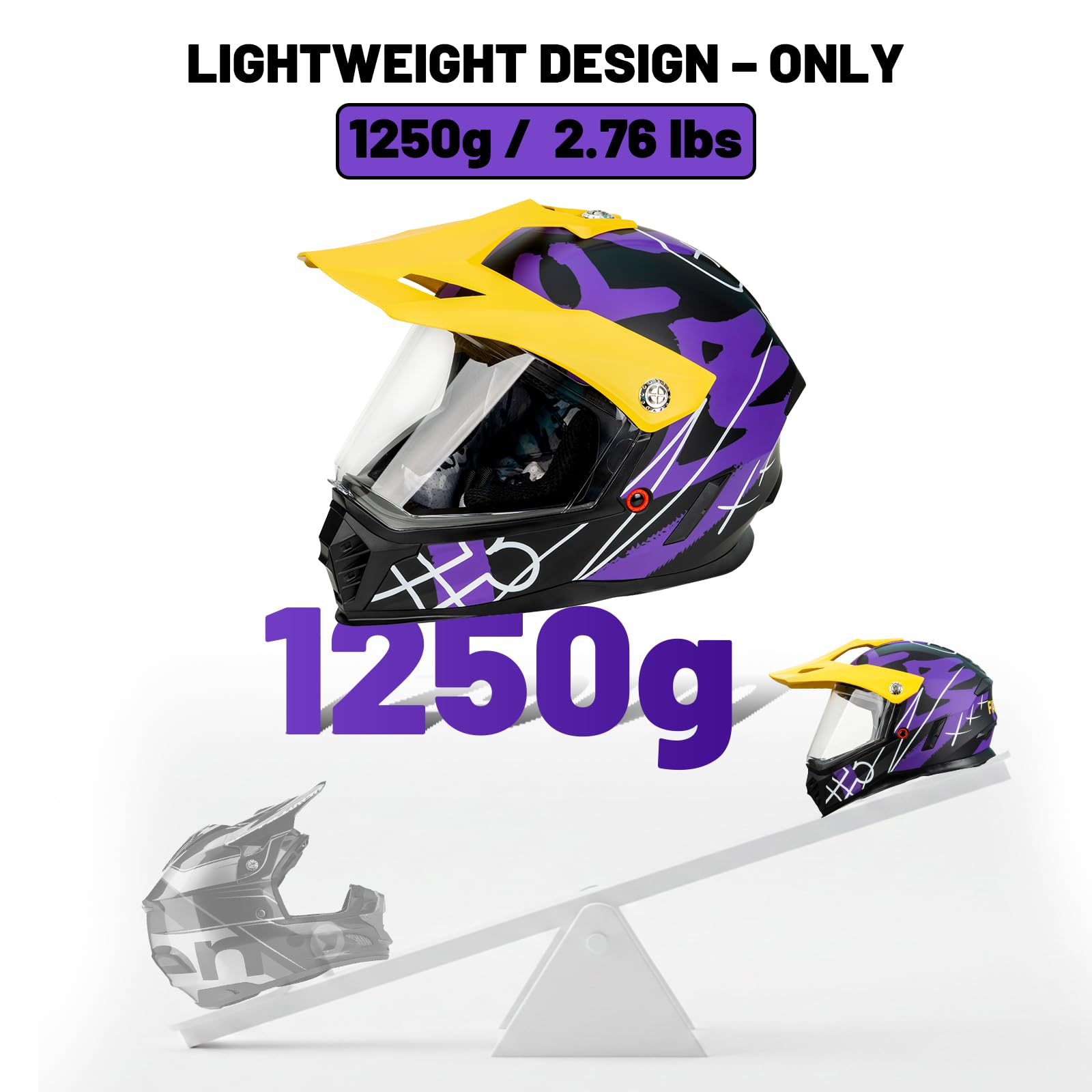Favoto Casco Motocross Bambino con Occhiali – Protezione Professionale ECE 22.06 per Offroad, Cross e Dirt Bike, Viola-Giallo M (51–52 cm)