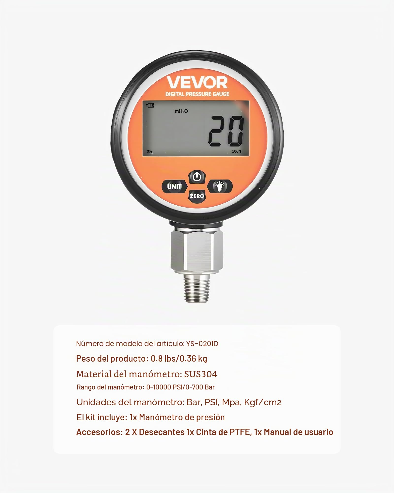 VEVOR Manómetro Hidráulico Digital 0 a 700 bar, Comprobador de Presión con Entrada de Base NPT, para Excavadoras y Maquinaria de Construcción, con Carcasa de Acero Inoxidable Cubierta Protectora