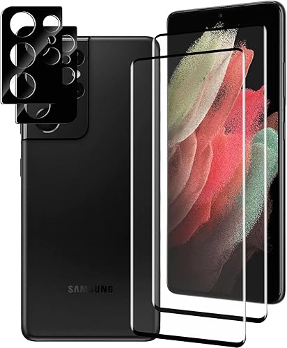 Miniatura 1 de Bigflyants Paquete de 2+2 Protector de pantalla para Samsung Galaxy S21Ultra con protector de lente de cámara, vidrio templado 9H, soporte de